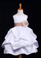 White Matte Satin Pick-Up Flower Girl Dress With Bow